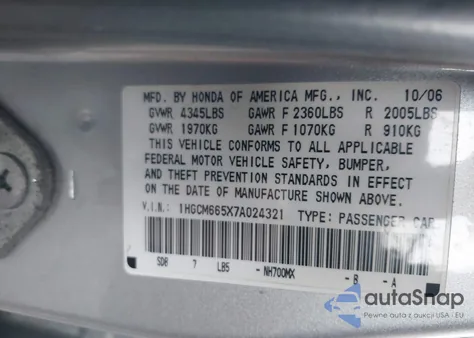 2007 Honda Accord 3.0 Ex from USA, damaged, VIN 1HGCM665X7A024321